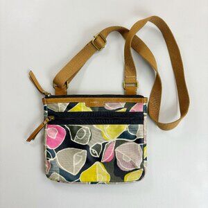 FOSSIL Bold Botanical Print Slim Crossbody Bag 8.5x10 Coated Canvas Pink Yellow